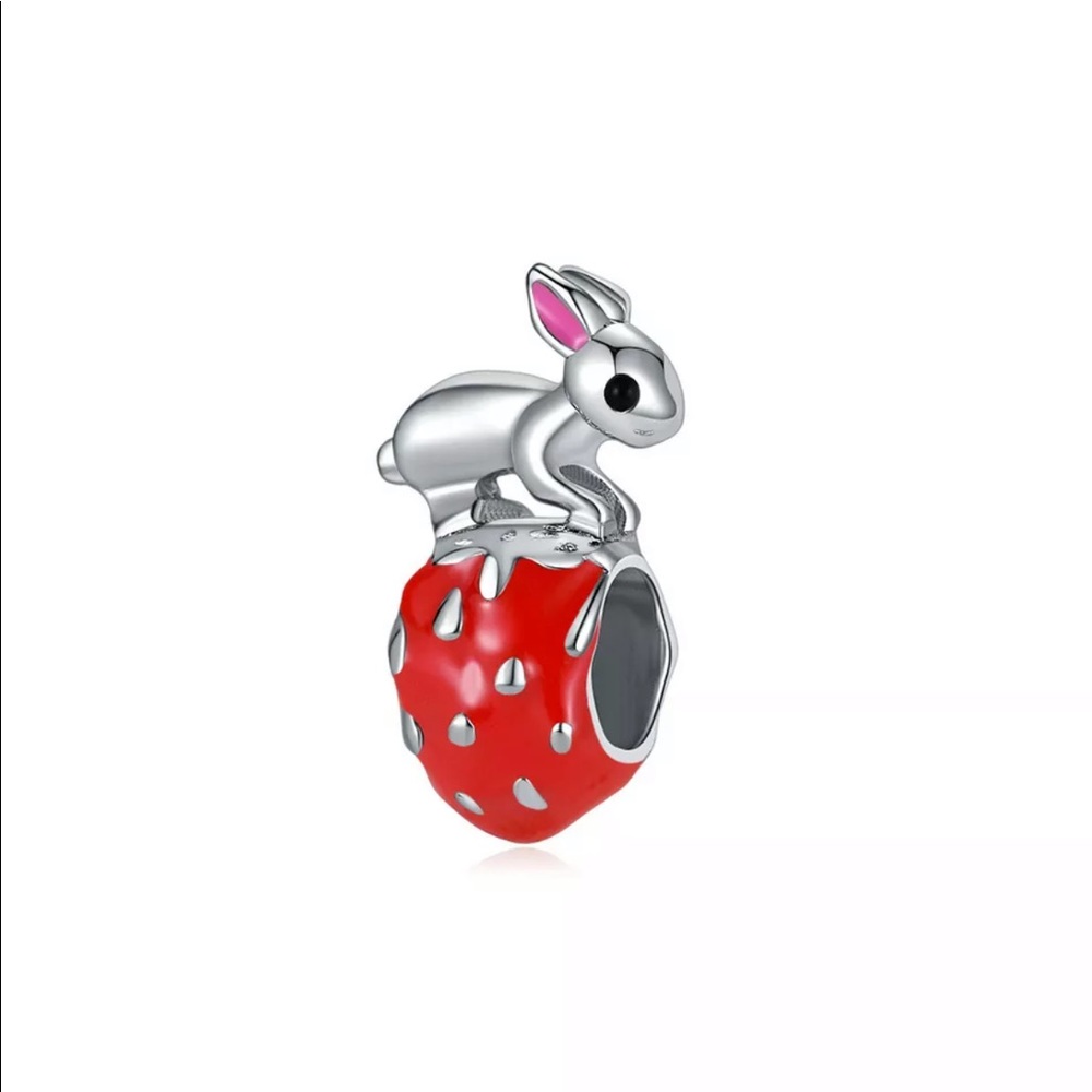 NEW•Silver Bunny on Strawberry DIY charm